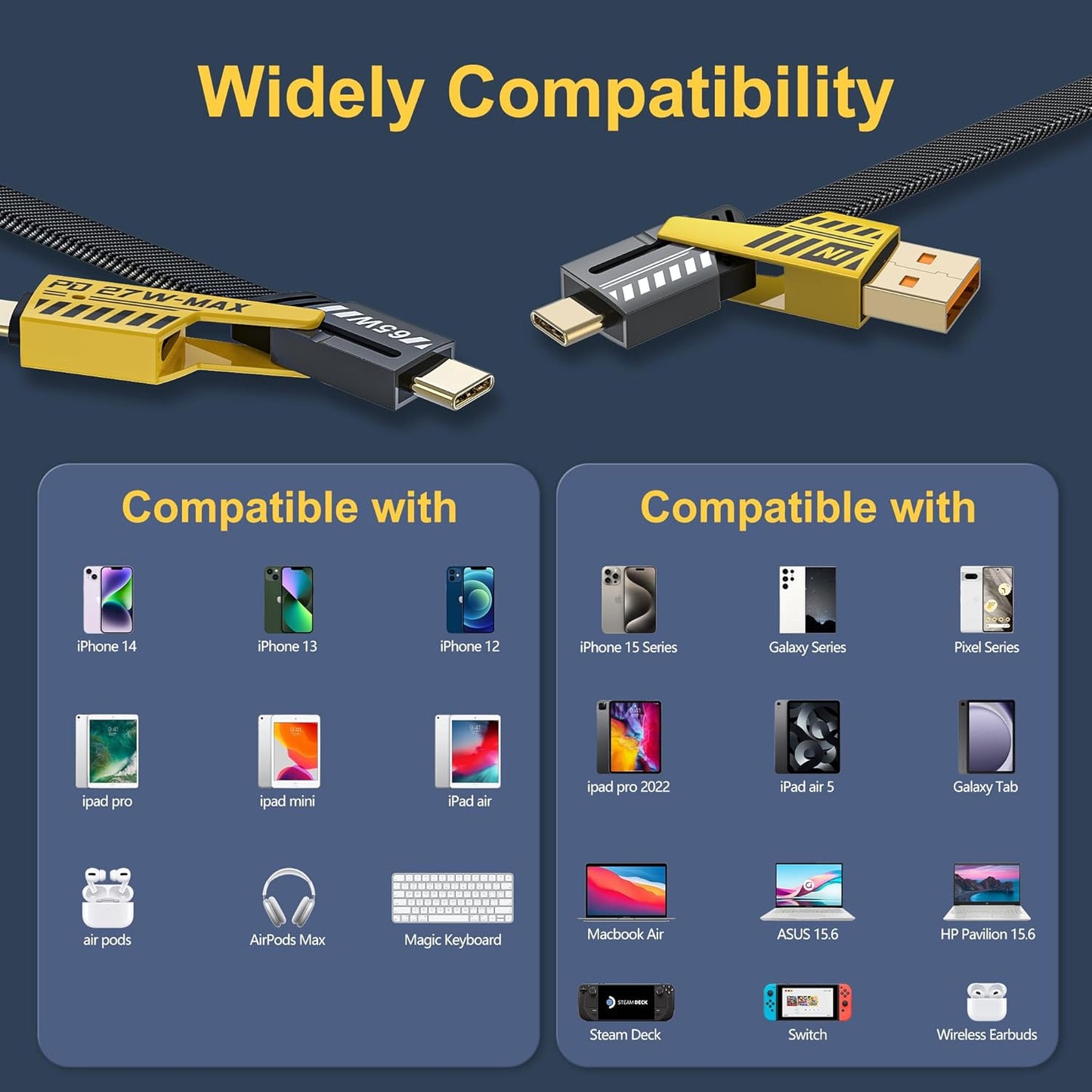 كابل متعدد الاستخدام 4 في 1 USB كابل معدن من الخارج نحاس من الداخل
