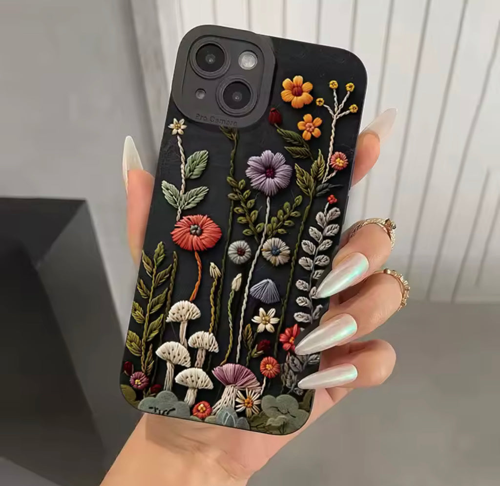 Embroidered Wildflower 3D Texture iPhone Case (Black)