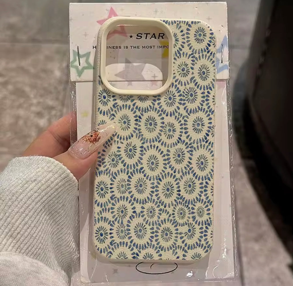 Sunburst Blue Pattern Fabric-Texture iPhone Case (Cream Frame)